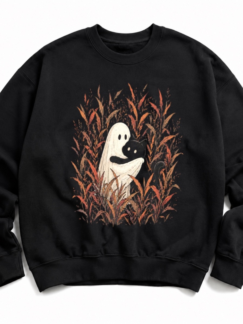 Black Crewneck Sweatshirt with Ghost & Cat Autumn Graphic